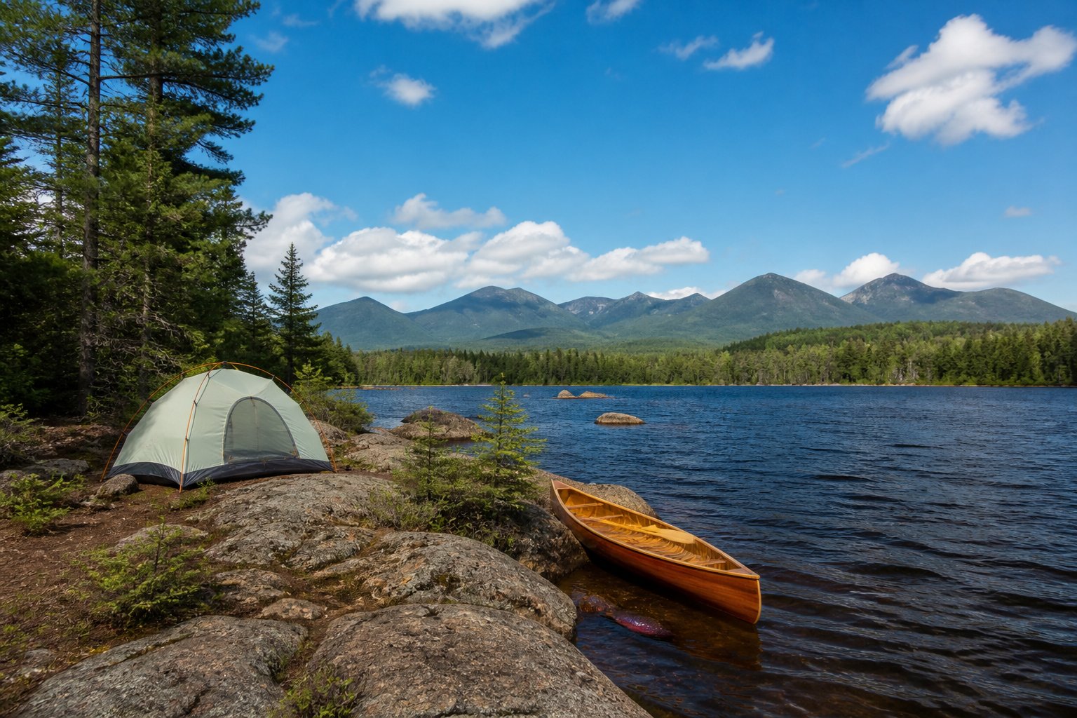 Tent pitched beside an Adirondack lake at dawn with mist rising off the water and evergreen shoreline