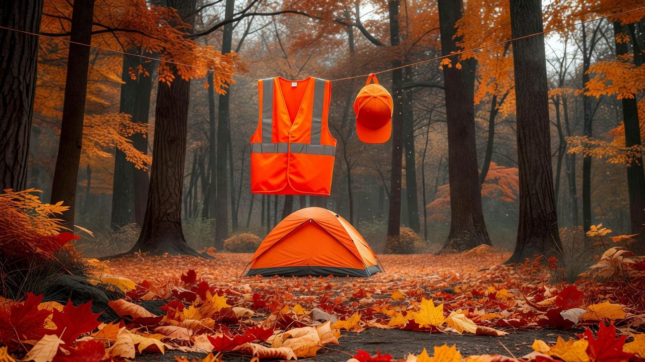 Blaze orange vest and hat hanging on a tent guyline at a wooded campsite in autumn