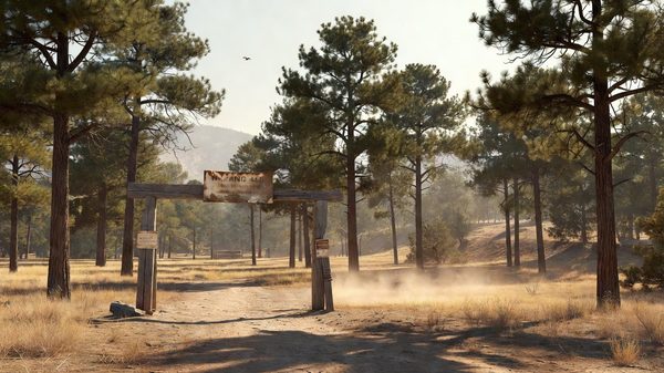 Dry forest landscape under hazy sky with warning sign at campground entrance during elevated fire weather