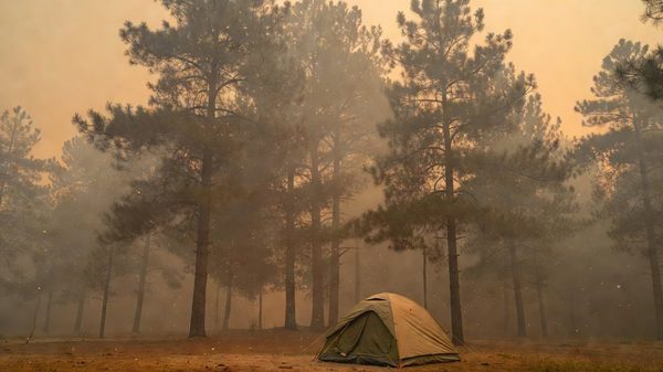 Hazy forest campsite with smoke-filtered light through pine trees at dusk