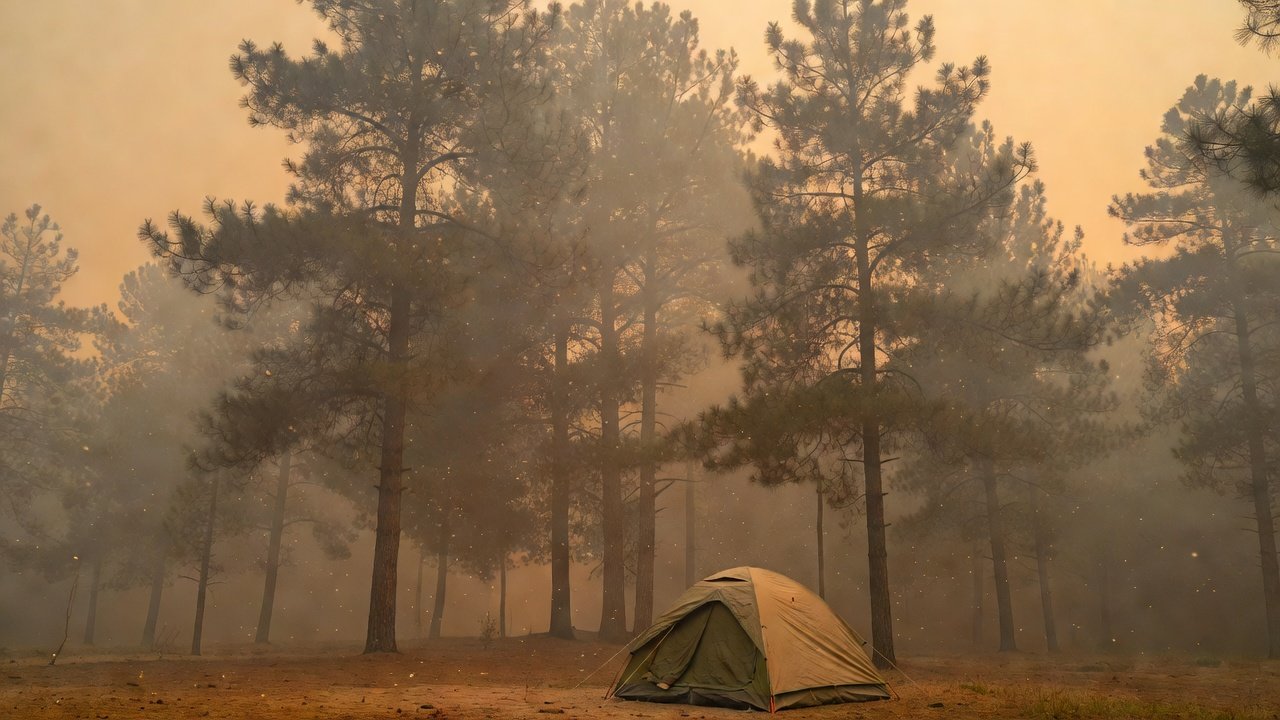 Hazy forest campsite with smoke-filtered light through pine trees at dusk