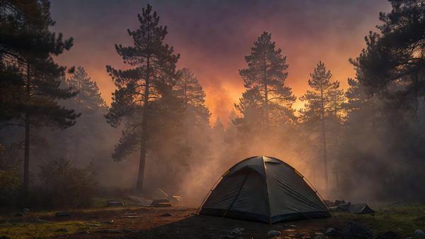 A hazy orange-tinted sky over a forested campsite, campfire smoke mixing with a smoky horizon at dusk