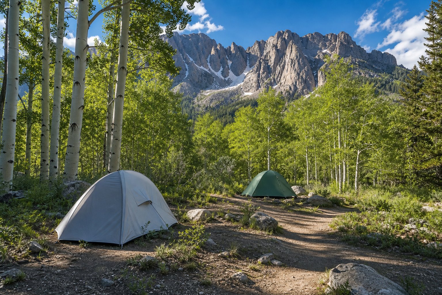 Alpine campground at a Colorado trailhead with fourteen thousand foot peaks rising above treeline