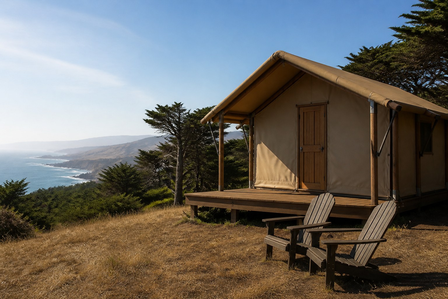 Wood-frame tent bungalow on a grassy coastal bluff overlooking the San Mateo coast and Pacific Ocean