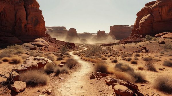 Sun-baked desert canyon trail with sparse shade and layered red rock walls at midday