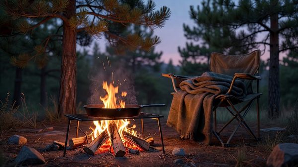 A simple tent camping scene at dusk with a small campfire, cast-iron pan, and no electronics in sight