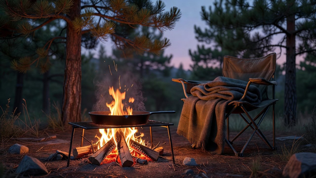 A simple tent camping scene at dusk with a small campfire, cast-iron pan, and no electronics in sight