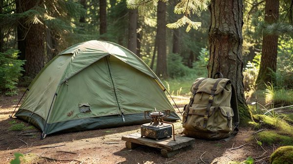 Well-worn camping gear packed beside a tent at a simple forest campsite