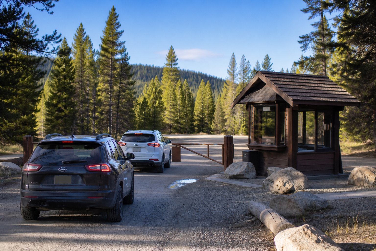 Campground host booth at dawn with a first-come first-served sign and open loop road ahead