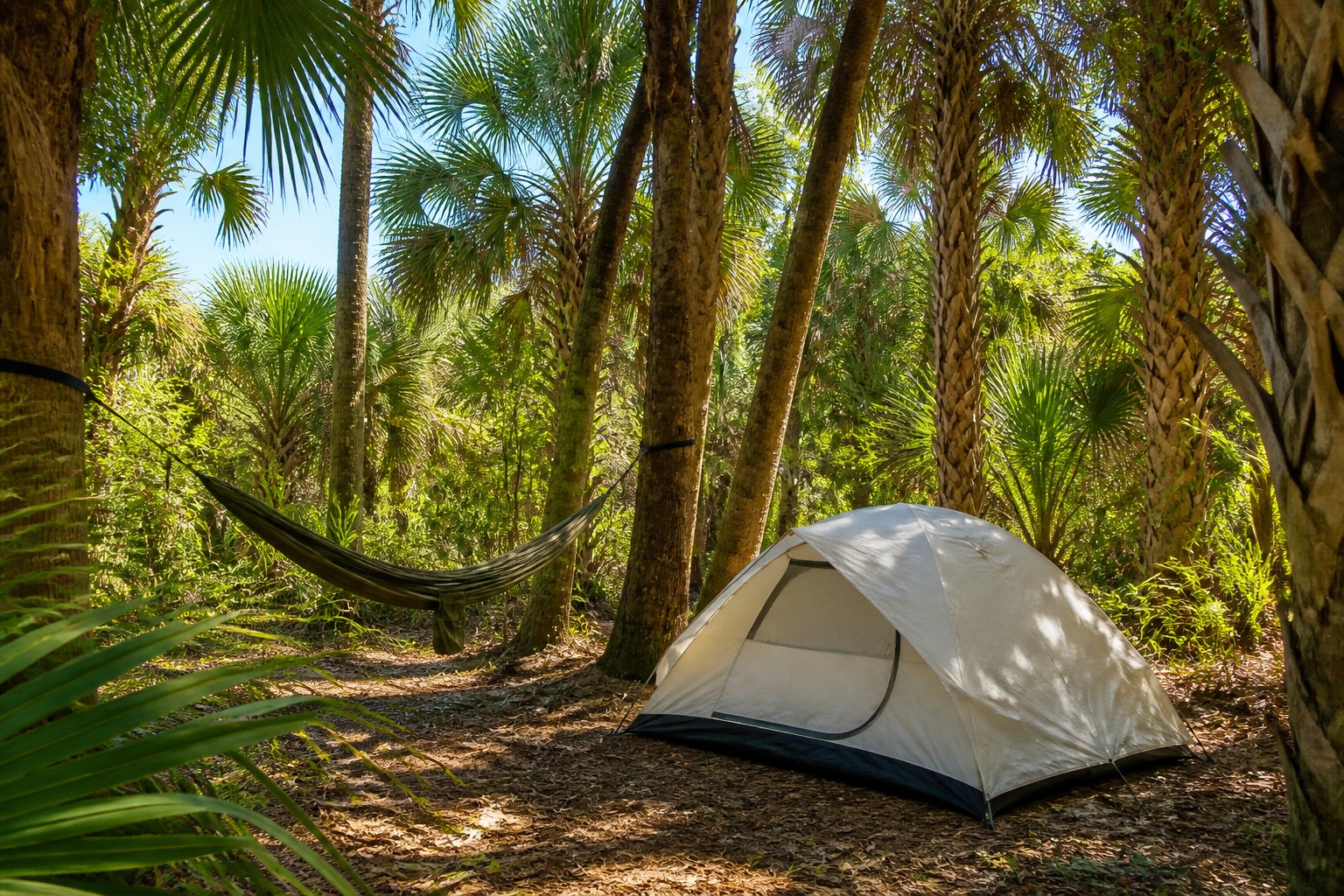 Palm hammock and tent campsite at a Florida state park campground near a spring-fed lagoon