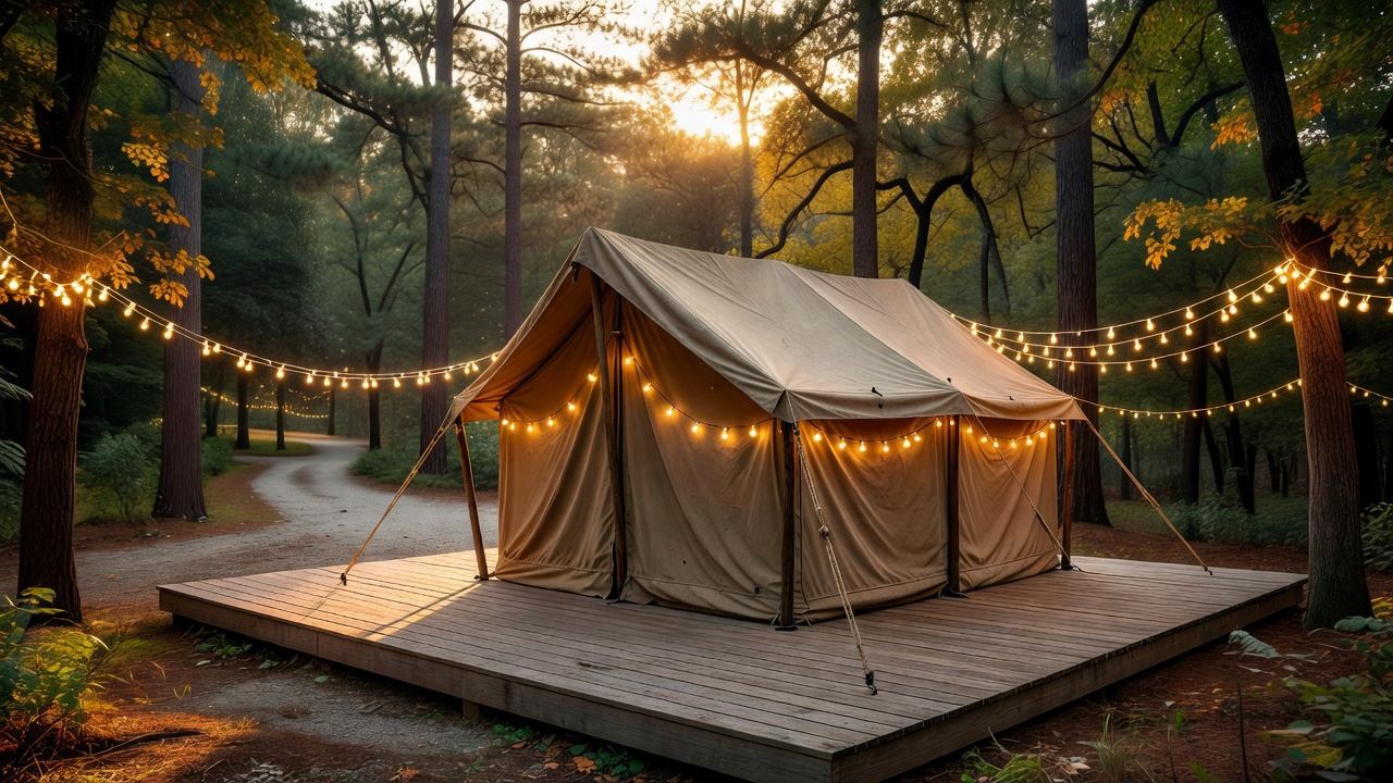 Canvas safari tent on a wooden deck at the edge of a wooded campground loop in evening light