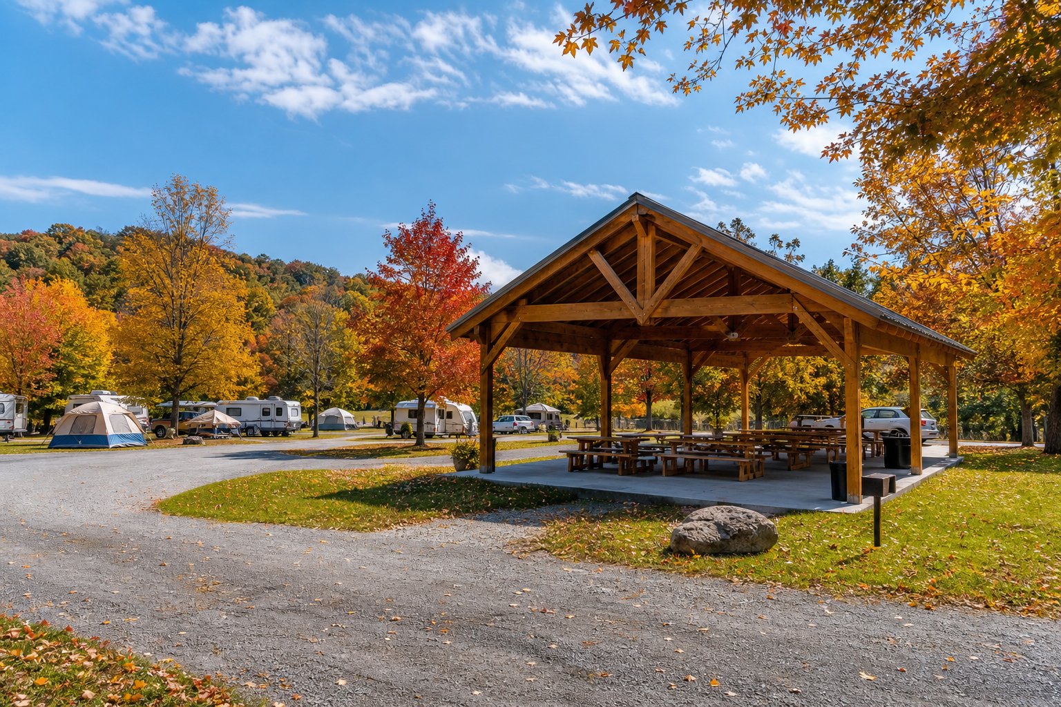 Large family group gathered at a campground pavilion with multiple tents and RVs in adjacent sites
