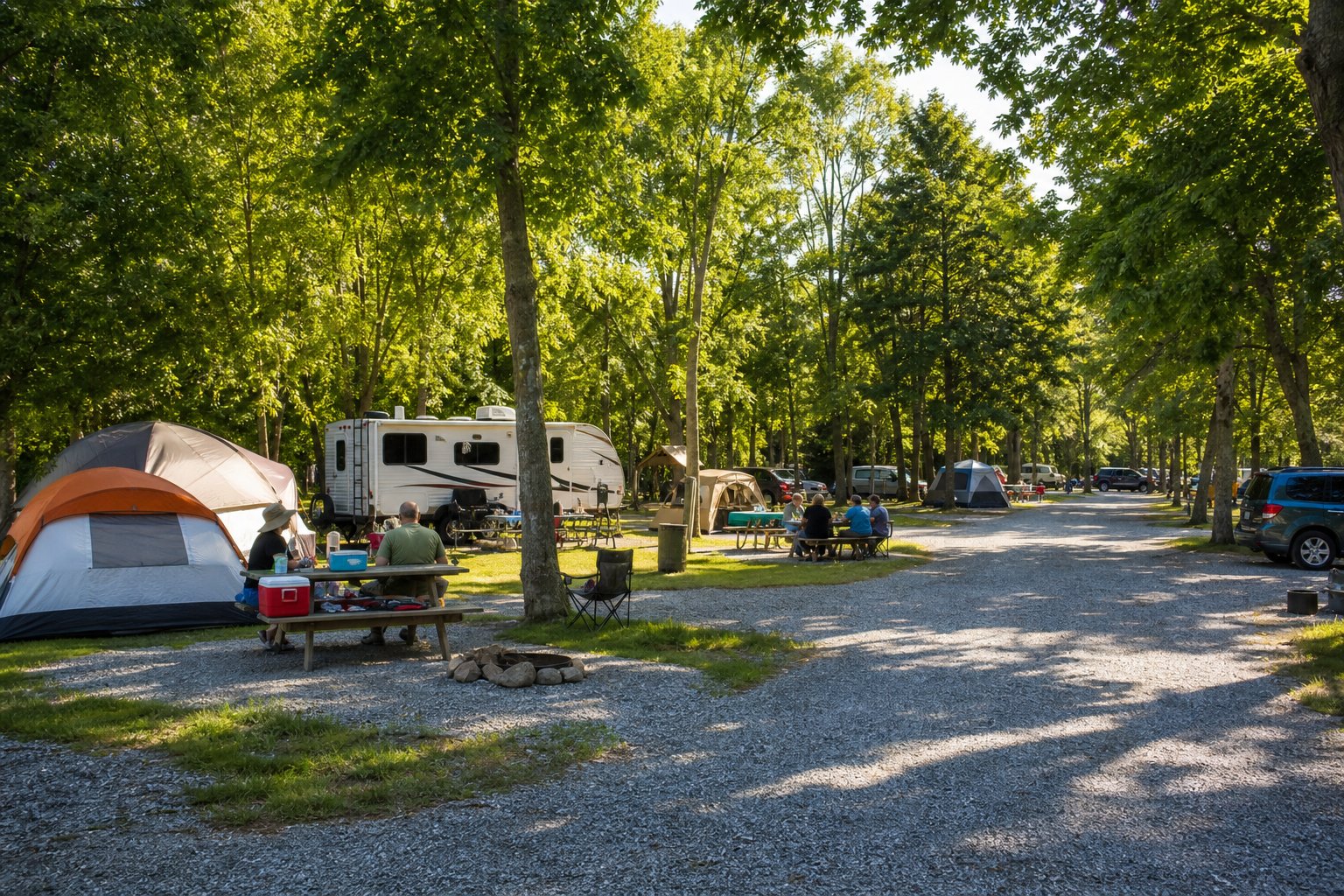 Campground filled with tents and RVs during a summer holiday weekend with American flags on site posts