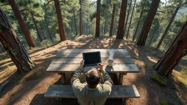 A camper sitting at a picnic table outside a tent reviewing a tablet, pine trees surrounding the site, dappled morning light