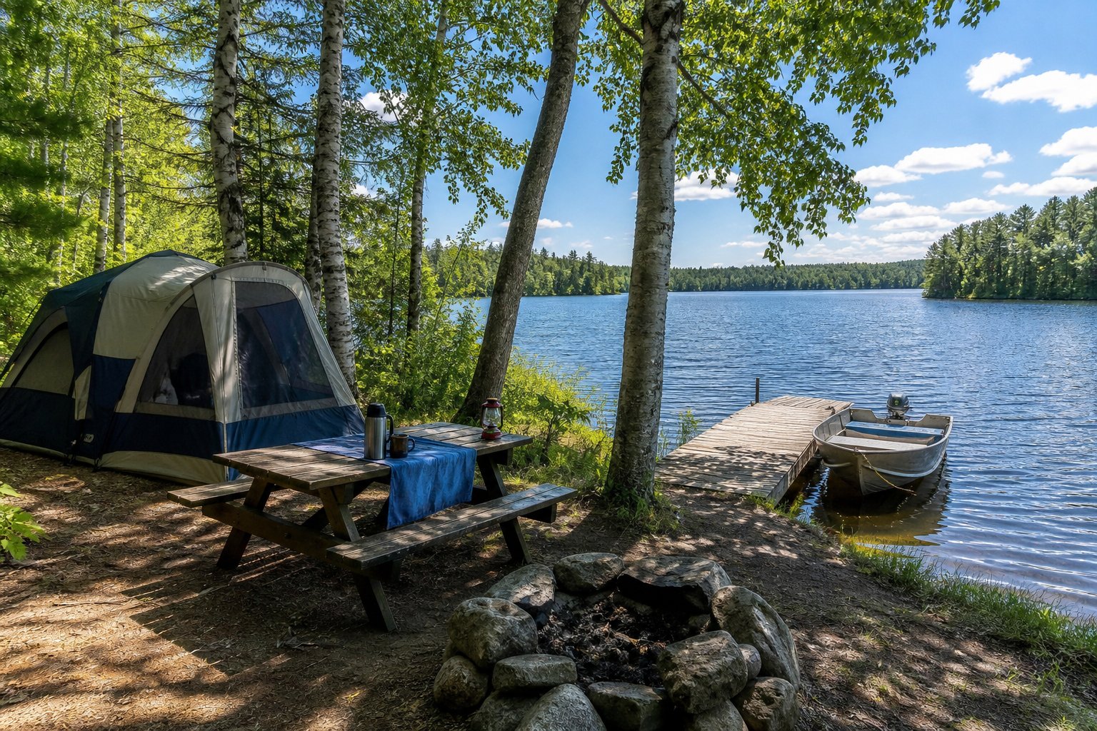 Tent and canoe at a Midwest lake campground with birch trees along a calm freshwater shoreline