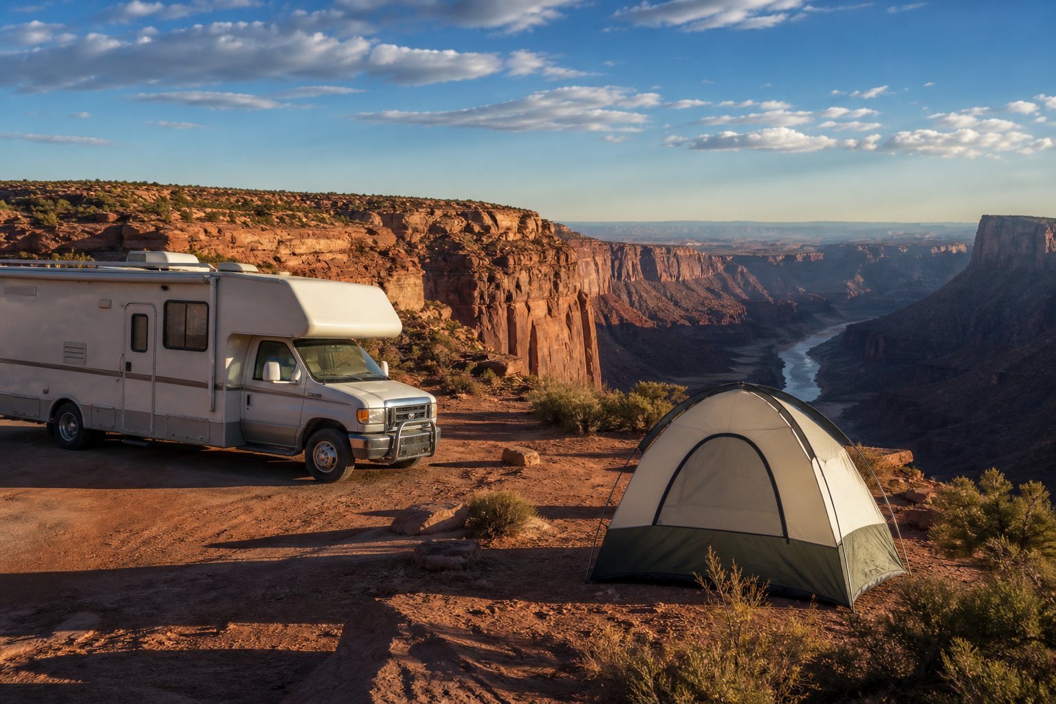 Red rock desert campground near Moab with mesas at sunset and a tent secured against desert wind