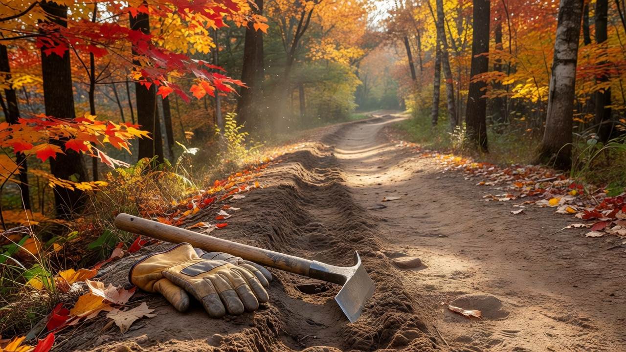Volunteers' tools and gloves resting on a trail edge beside a section of freshly repaired singletrack