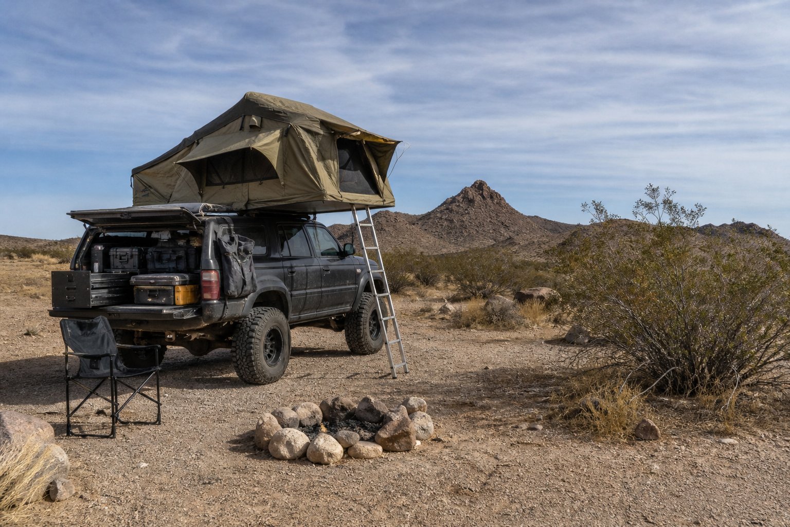 Overlanding rig staged at a desert campground near Moab with red rock formations in the background