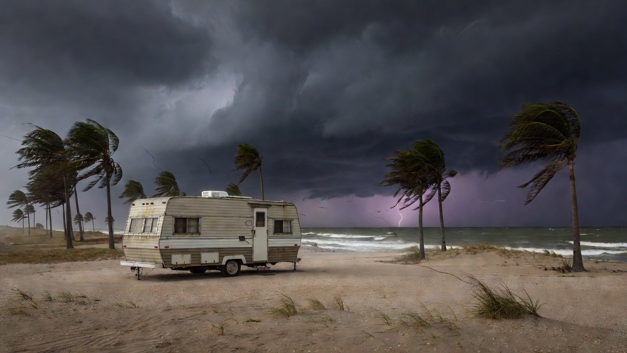 Travel trailer parked at a coastal campground under a darkening sky with palms bending in wind