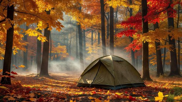 A tent pitched in a golden autumn forest, fallen leaves carpeting the ground, morning mist rising through the trees