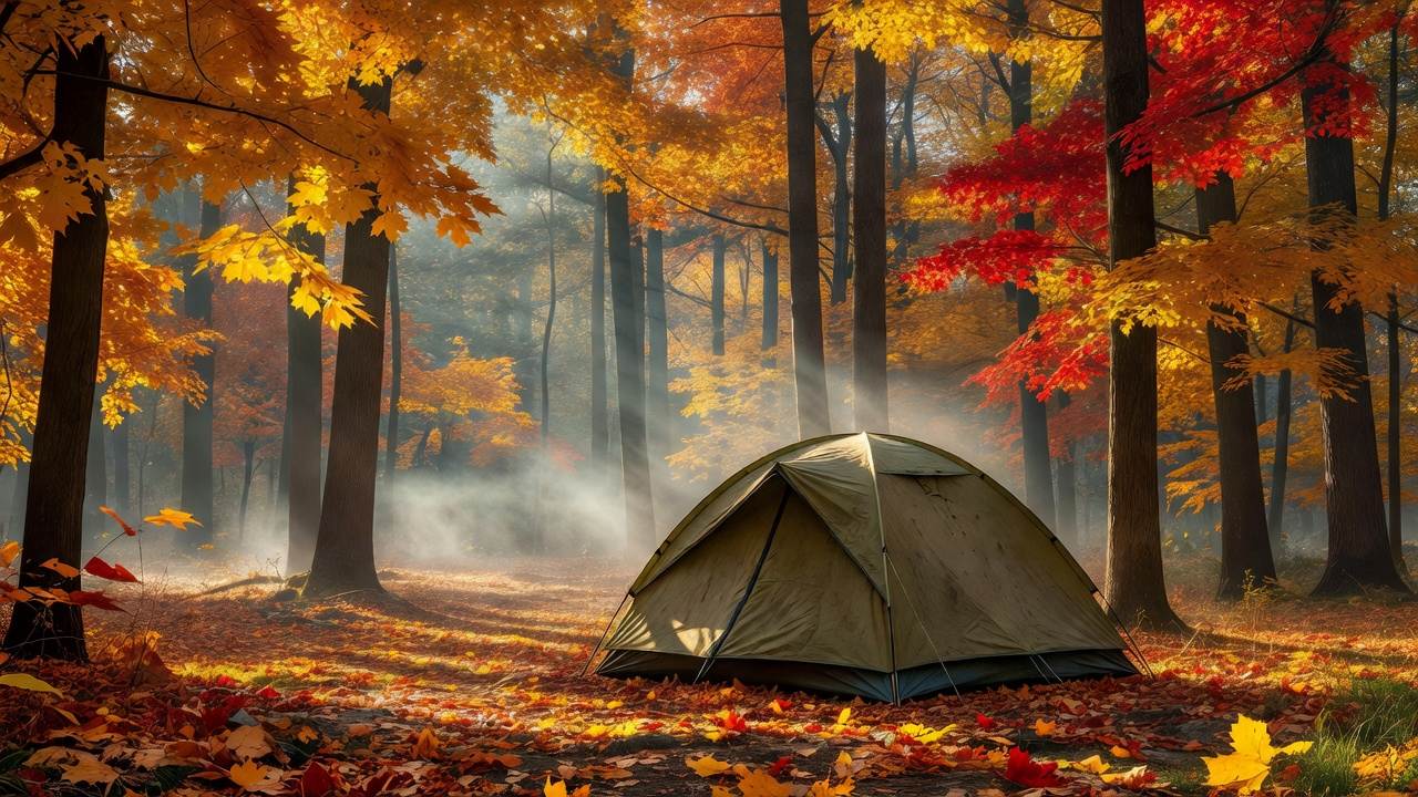 A tent pitched in a golden autumn forest, fallen leaves carpeting the ground, morning mist rising through the trees