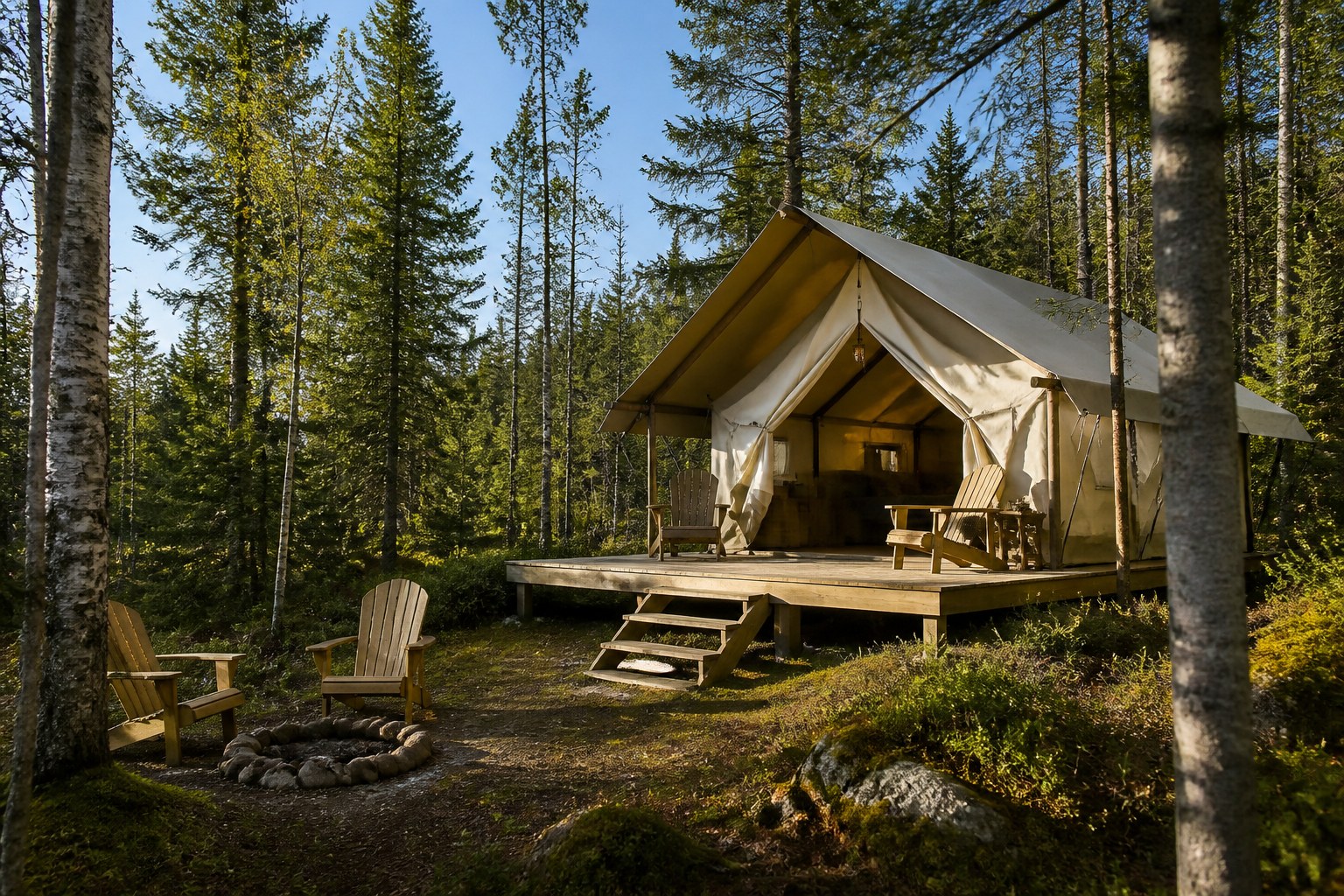 Luxury white canvas safari tent on a raised wooden deck nestled among tall evergreen trees in the Maine woods