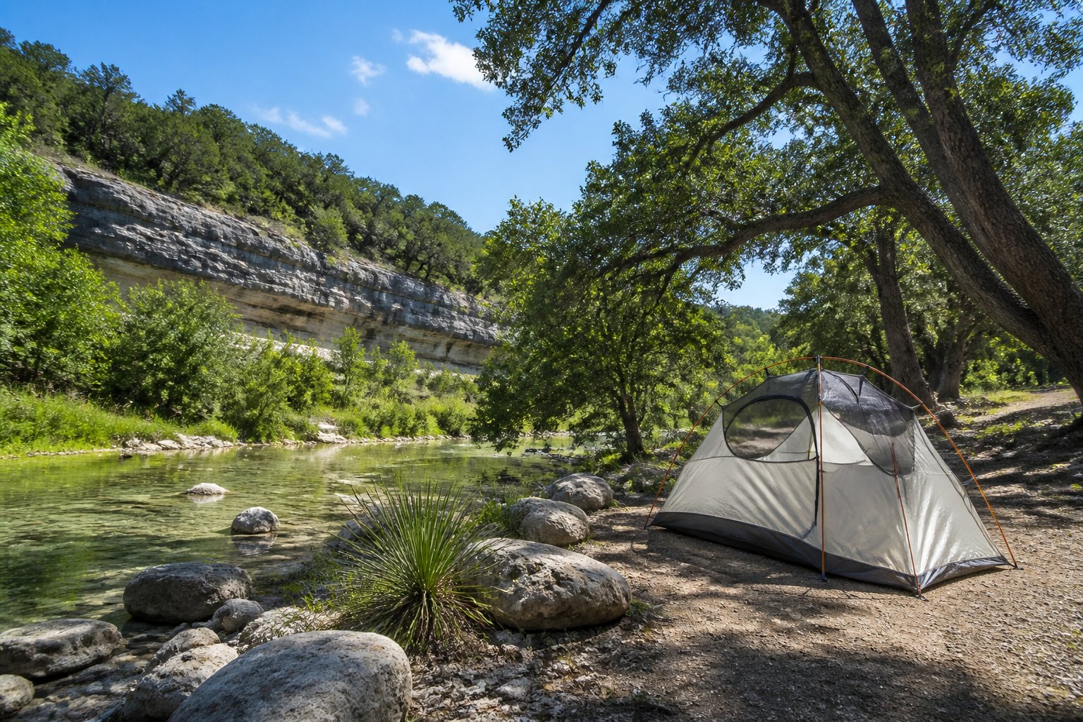 Limestone bluffs and cypress-lined creek at a Texas Hill Country state park campground