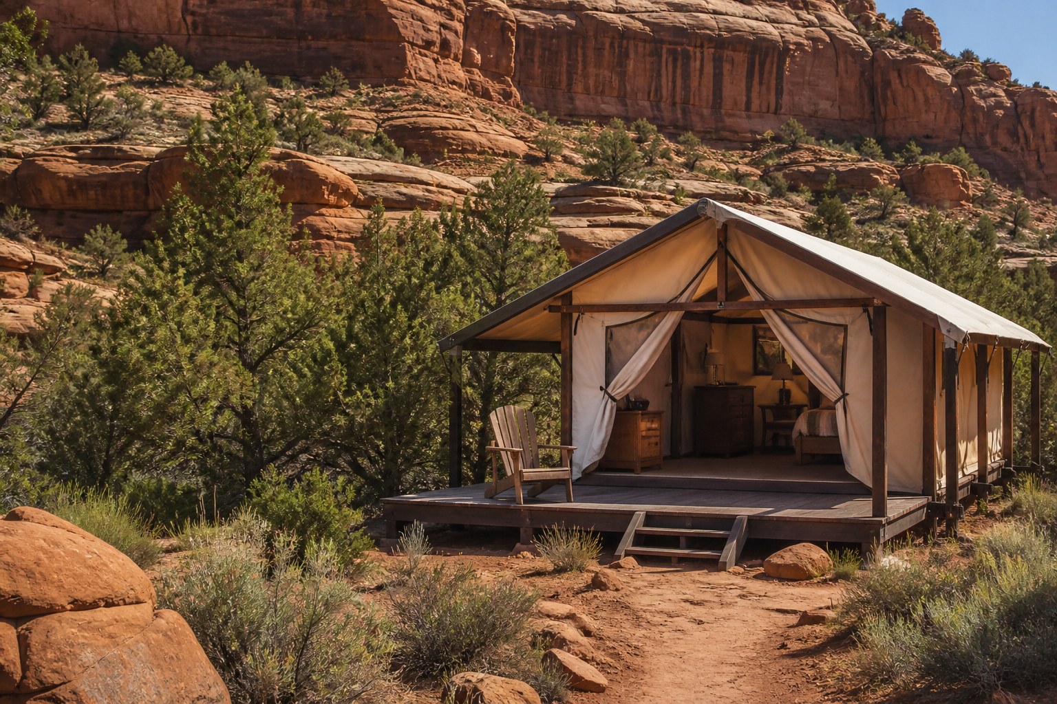 Luxury canvas safari tent on a wooden platform at the base of towering red rock cliffs in a desert canyon