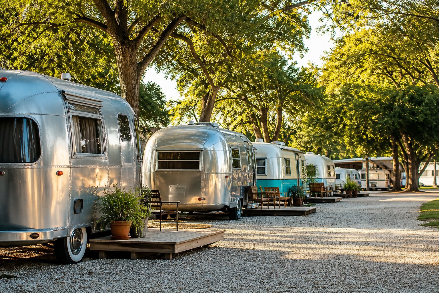 Row of polished vintage Airstream trailers lined up at a themed RV campground rally