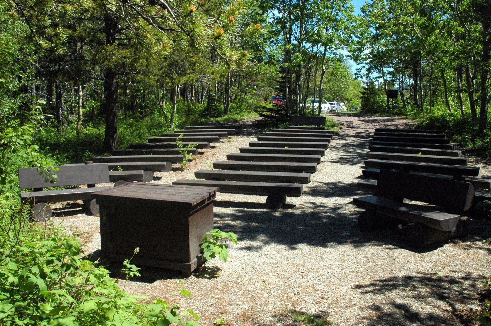 Empty log benches at the Many Glacier Campground amphitheater