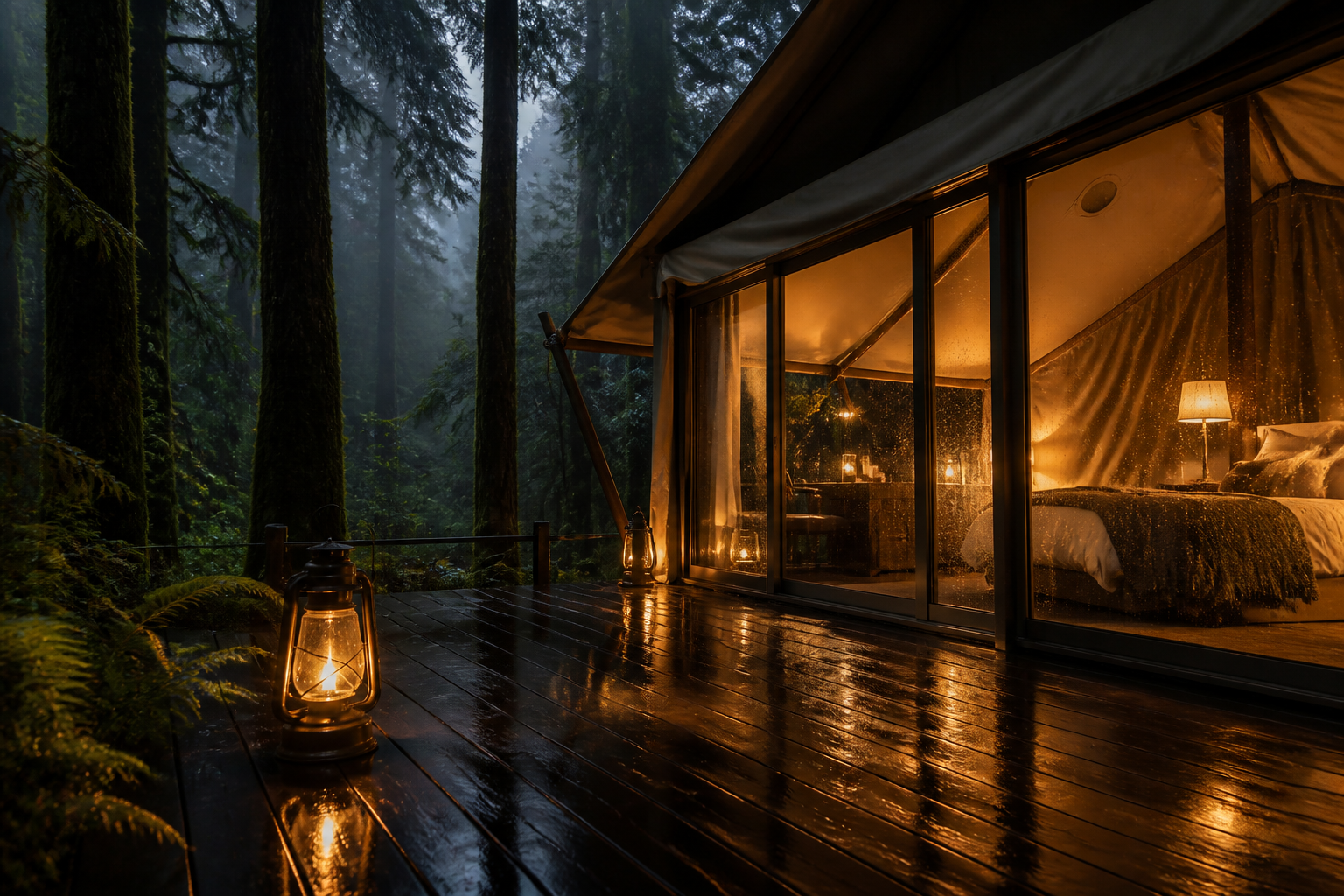 Luxury canvas suite at night in a misty old-growth forest, rain on glass, brass lantern glow on wet cedar deck